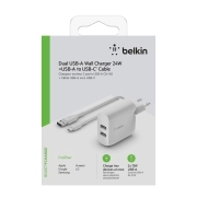 شارژر دیواری شارژ سریع 24 وات بلکین مدل WCE001vf1MWH با دو پورت و همراه کابل USB-C 2