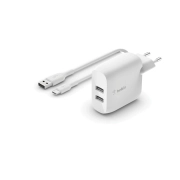 شارژر دیواری شارژ سریع 24 وات بلکین مدل WCE001vf1MWH با دو پورت و همراه کابل USB-C