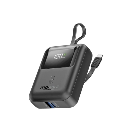 پاوربانک پرومیت مدل POWERPOD-10.BLACK به ظرفیت 10000 میلیآمپرساعت دارای کابل داخلی USB-C