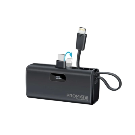 پاوربانک فوق کوچک پرومیت مدل NANOPACK-5.BLACK به ظرفیت 5000 میلیآمپرساعت دارای کانکتور تاشو USB-C و کابل داخلی لایتنینگ