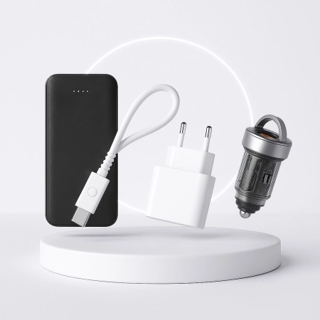 پکیج شارژ 4 کاره – پاوربانک، شارژر دیواری، فندکی و کابل