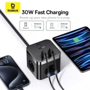 شارژر رومیزی و چند راهی برق بیسوس مدل PowerCombo BPS30-3E - مشکی