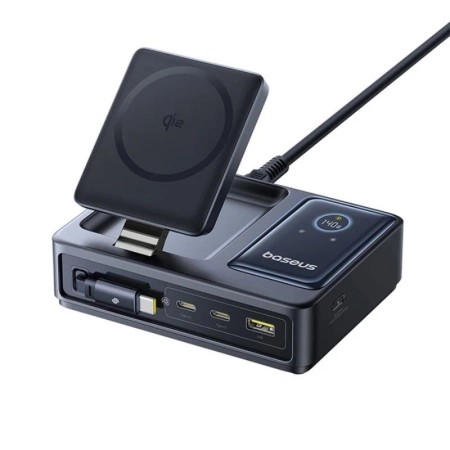 شارژر رومیزی مگنتی چندکاره بیسوس مدل Nomos Qi2 140W - مشکی