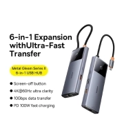 هاب USB-C شش پورت بیسوس مدل Metal Gleam 2 Series - خاکستری