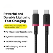 کابل شارژ سریع USB-C به USB-C بیسوس مدل Dura 100W طول 2m – قرمز/مشکی