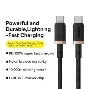 کابل شارژ سریع USB-C به USB-C بیسوس مدل Dura 100W طول 2m – طلایی/مشکی