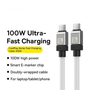 کابل شارژ سریع USB-C به USB-C بیسوس مدل CoolPlay Series 100W طول 1m - سفید
