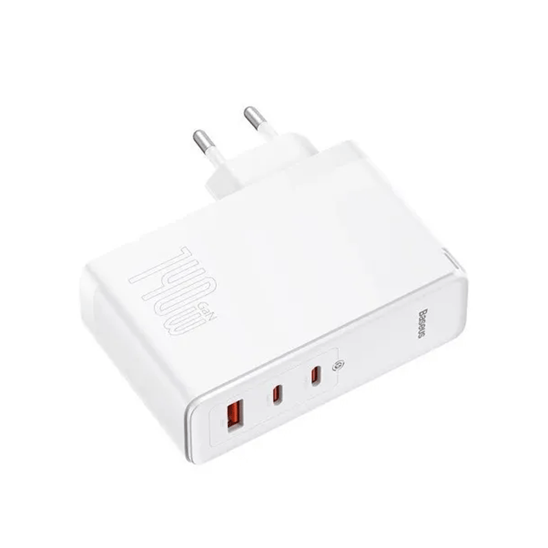 شارژر دیواری 140 وات باسئوس مدل Baseus GaN5 Pro Fast Charger 2C+U 140W EU CCGP10020 با 2 خروجی USB-C و 1 خروجی USB به همراه کابل دو سر USB-C - سفید 2