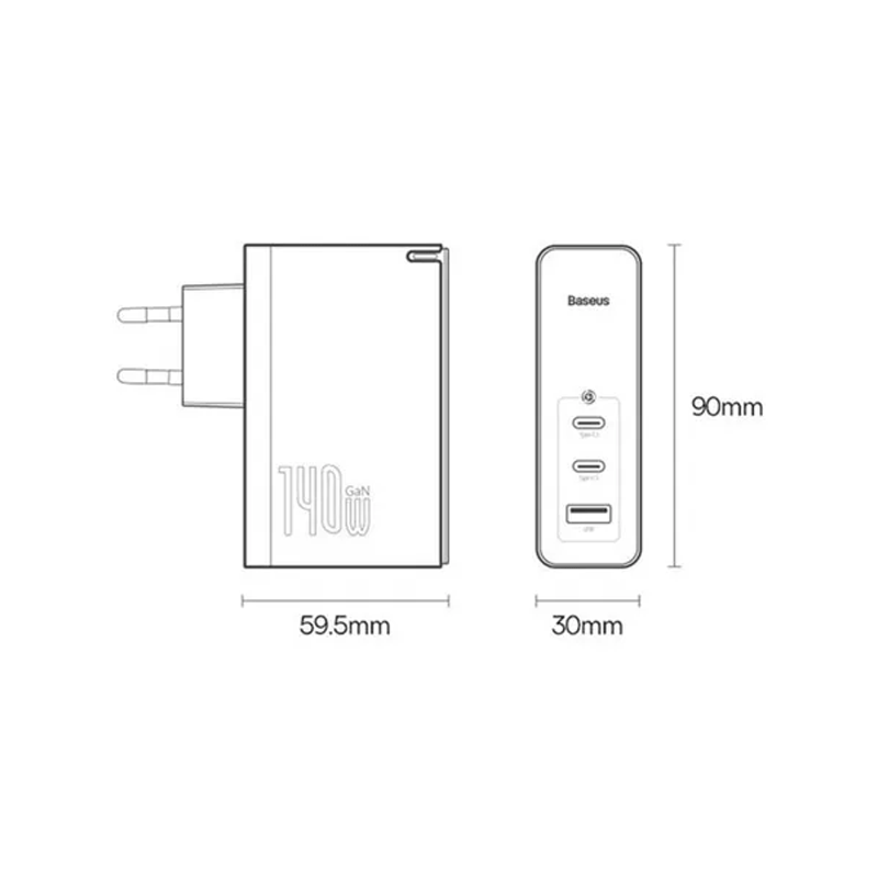 شارژر دیواری 140 وات باسئوس مدل Baseus GaN5 Pro Fast Charger 2C+U 140W EU CCGP10020 با 2 خروجی USB-C و 1 خروجی USB به همراه کابل دو سر USB-C - سفید 7