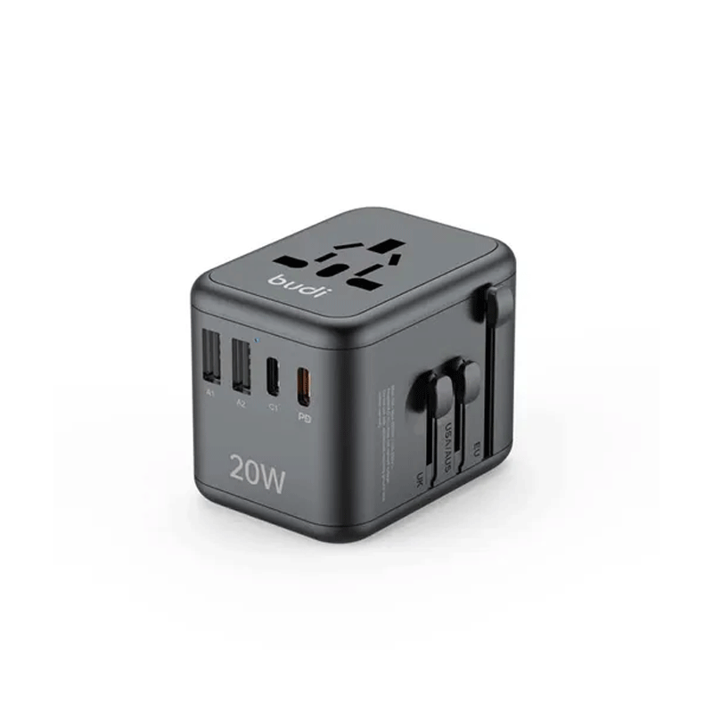 شارژر دیواری 20 وات بودی مدل Budi AC358B20 با 2 خروجی USB و 2 خروجی USB-C دارای سری های مختلف - مشکی اتصال 1