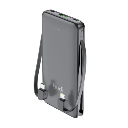 پاوربانک بودی 10000 میلی آمپر 20 وات مدل Budi PB088B دارای یک خروجی USB و دو کابل خروجی USB-C و لایتنینگ با گارانتی 18 ماهه شرکتی (6 ماه تعویض)