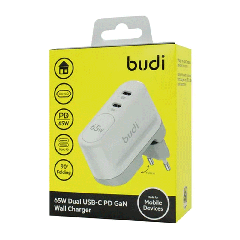شارژر دیواری 65 وات بودی مدل Budi AC326REW دو پین با دو خروجی USB-C و سری قابل چرخش - مشکی 1