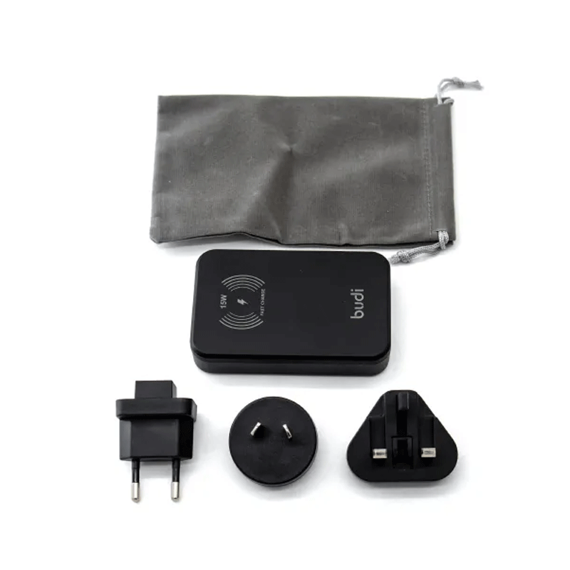 شارژر 30 وات بودی مدل Budi AC336WSB با دو خروجی USB-C، یک خروجی USB و شارژر بی سیم - مشکی 3