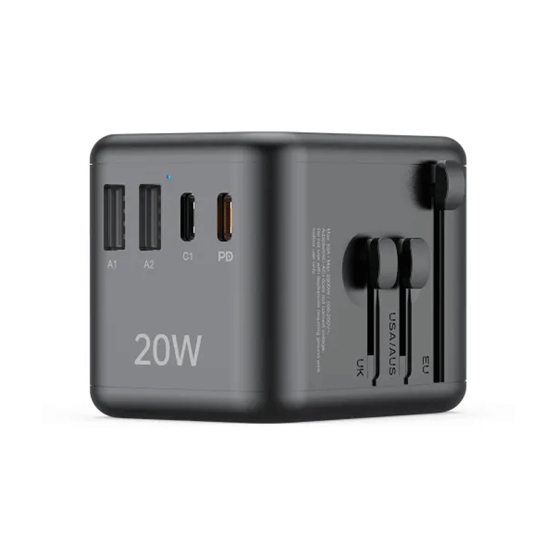 شارژر دیواری 20 وات بودی مدل Budi AC358B20 با 2 خروجی USB و 2 خروجی USB-C دارای سری های مختلف اتصال - مشکی