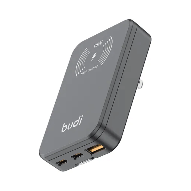شارژر 30 وات بودی مدل Budi AC336WSB با دو خروجی USB-C، یک خروجی USB و شارژر بی سیم - مشکی