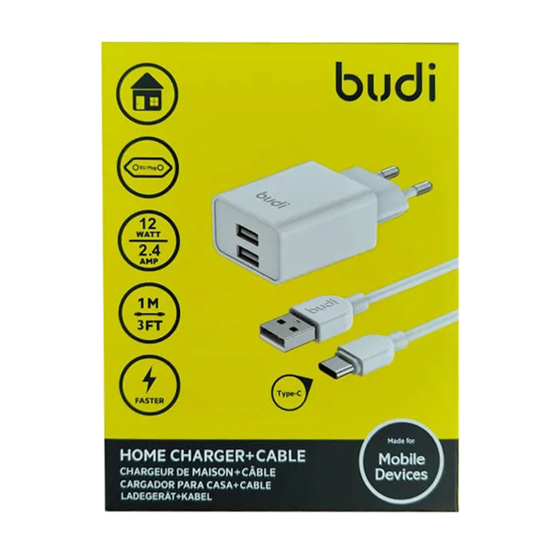 شارژر دیواری 12 وات بودی مدل Budi AC356ETW دو پین با دو خروجی USB به همراه کابل USB به USB-C طول 1 متر - سفید 5