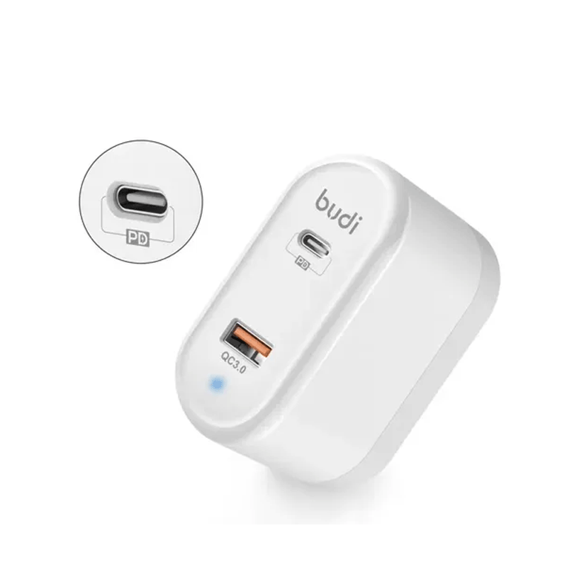 شارژر دیواری 36 وات بودی مدل Budi M8j328E دو پین با یک خروجی USB و یک خروجی USB-C و سری قابل چرخش - سفید 1