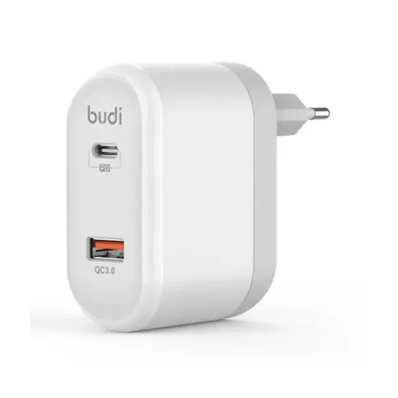 شارژر دیواری 36 وات بودی مدل Budi M8j328E دو پین با یک خروجی USB و یک خروجی USB-C و سری قابل چرخش - سفید