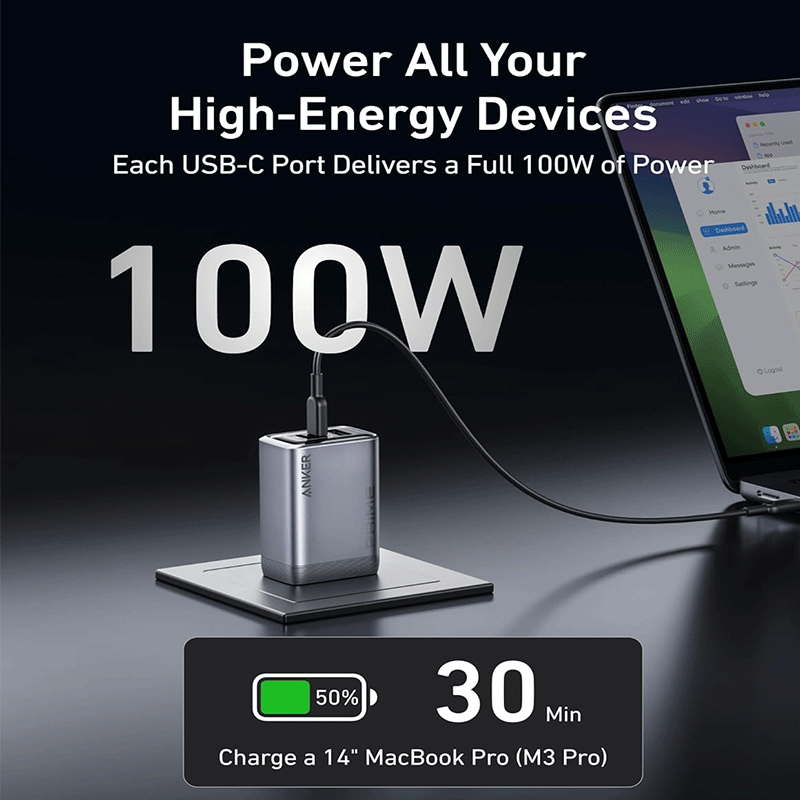 شارژر دیواری 100 وات انکر مدل Anker A2688 با یک خروجی USB و دو خروجی USB-C - مشکی 1