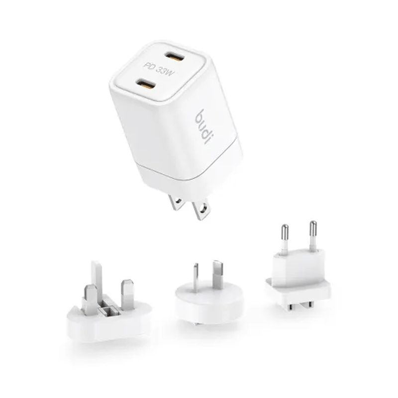 شارژر دیواری 33 وات بودی مدل Budi AC016RSW با دو خروجی USB-C - سفید