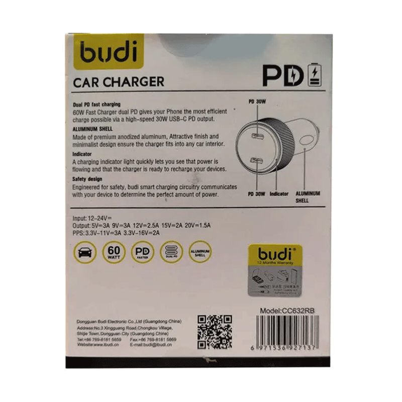 شارژر فندکی 60 وات بودی مدل Budi CC632RB با دو خروجی USB-C - مشکی 6