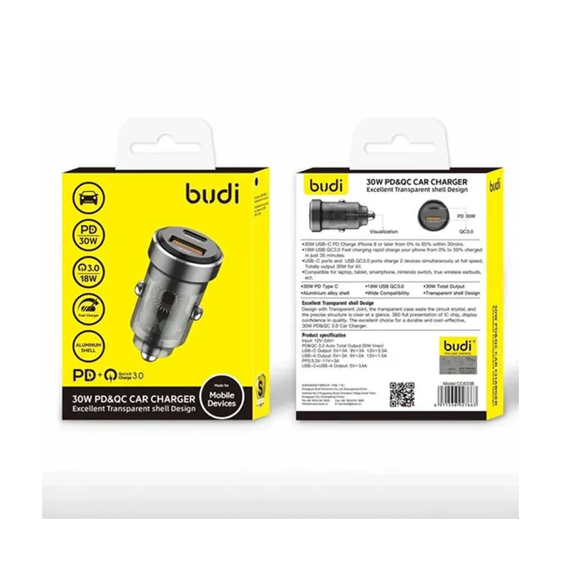 شارژر فندکی 30 وات بودی مدل Budi CC633B با یک خروجی USB و یک خروجی USB-C - مشکی 4
