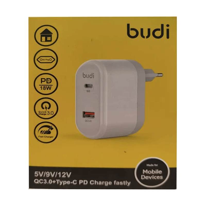شارژر دیواری 36 وات بودی مدل Budi M8j328E دو پین با یک خروجی USB و یک خروجی USB-C و سری قابل چرخش - سفید 5