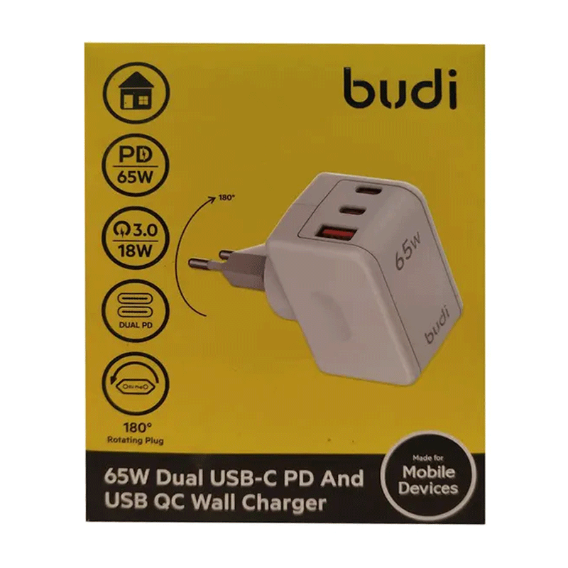 شارژر دیواری 65 وات بودی مدل Budi AC352EW با یک خروجی USB و دو خروجی USB-C و سری قابل چرخش - سفید 3