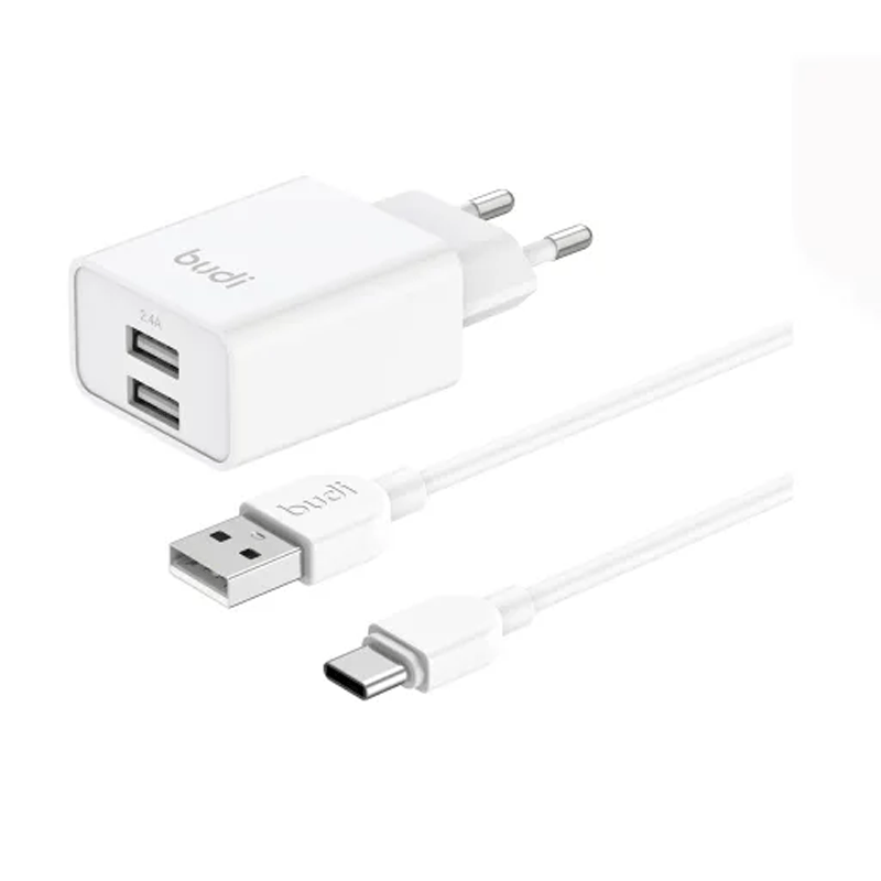 شارژر دیواری 12 وات بودی مدل Budi AC356ETW دو پین با دو خروجی USB به همراه کابل USB به USB-C طول 1 متر - سفید