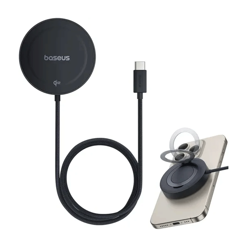 شارژر بی سیم 15 وات و استند باسئوس مدل Baseus Simple Mini 4 Magnetic Wireless Charging Stand Qi2 به همراه کابل USB-C - مشکی 5