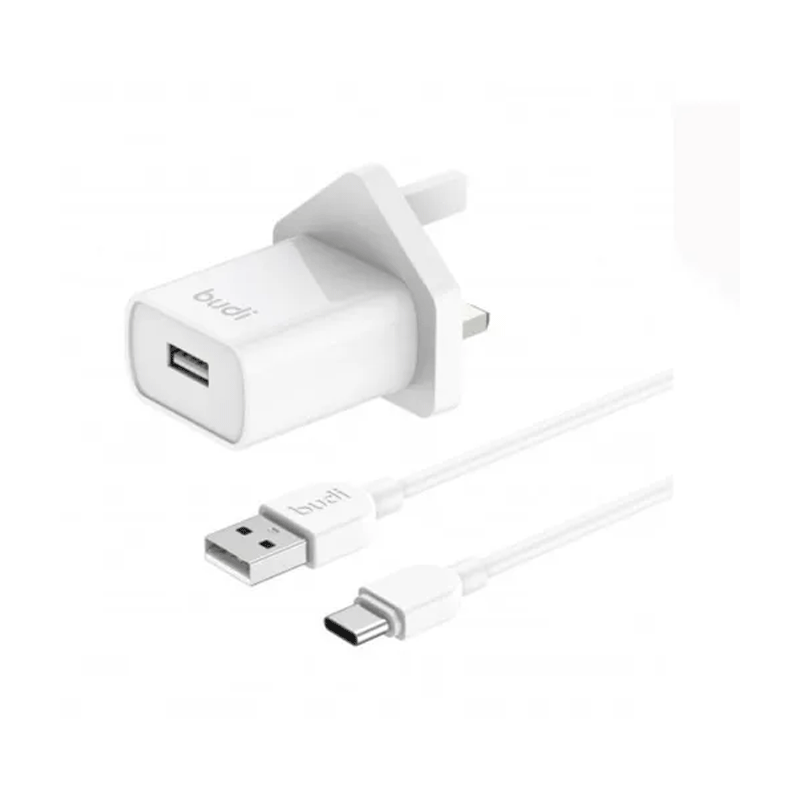 شارژر دیواری 12 وات بودی مدل Budi AC356UTW سه پین با یک خروجی USB به همراه کابل USB به USB-C طول 1 متر - سفید