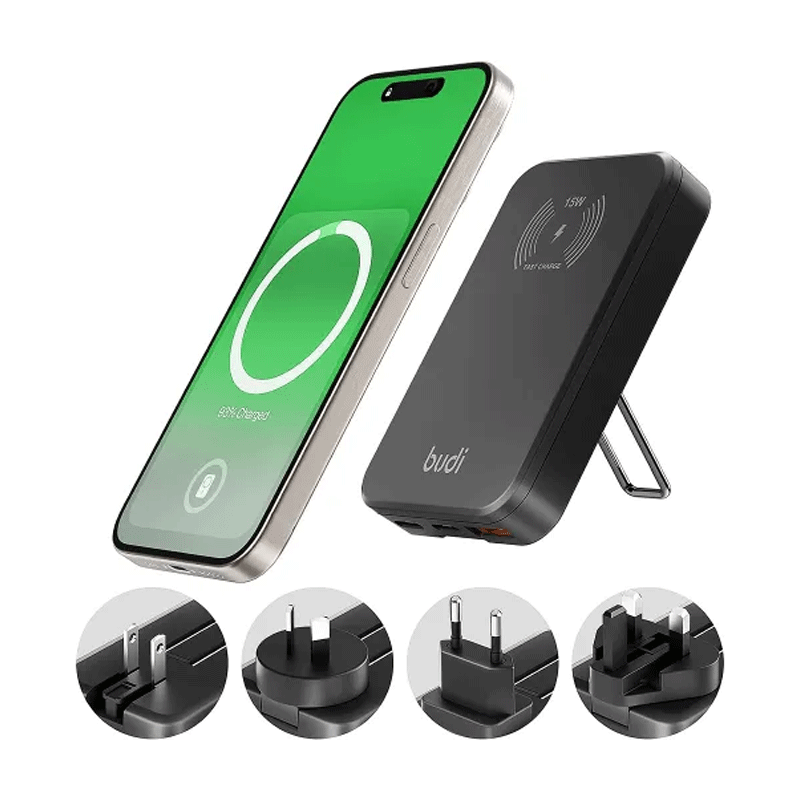 شارژر 30 وات بودی مدل Budi AC336WSB با دو خروجی USB-C، یک خروجی USB و شارژر بی سیم - مشکی 2