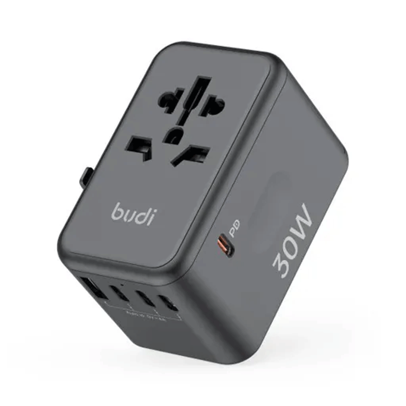 شارژر دیواری 30 وات بودی مدل Budi AC355B30 با یک خروجی USB و چهار خروجی USB-C - مشکی