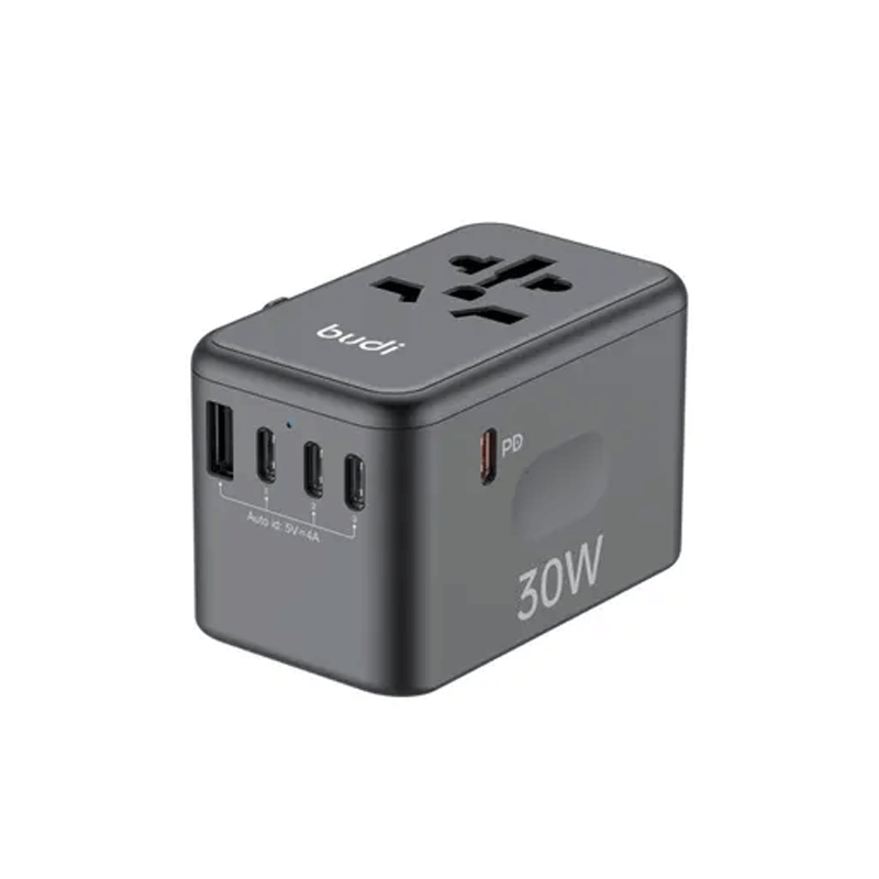 شارژر دیواری 30 وات بودی مدل Budi AC355B30 با یک خروجی USB و چهار خروجی USB-C - مشکی 1