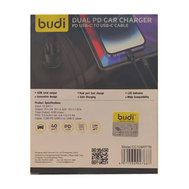 شارژر فندکی 40 وات بودی مدل Budi CC108RB با دو خروجی USB-C - مشکی 3
