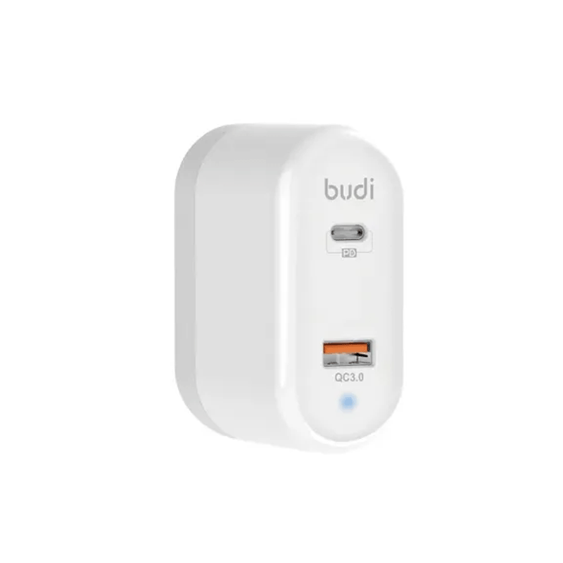 شارژر دیواری 36 وات بودی مدل Budi M8j328E دو پین با یک خروجی USB و یک خروجی USB-C و سری قابل چرخش - سفید 2