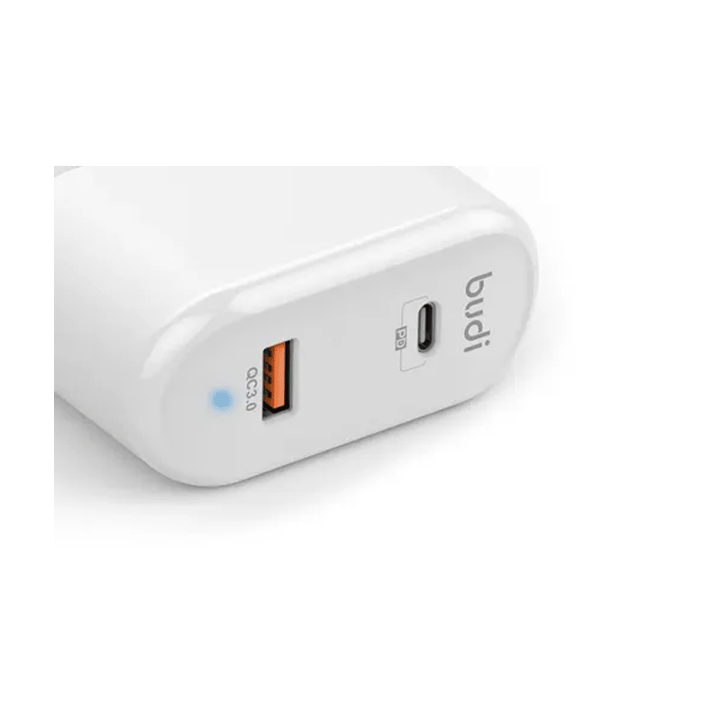 شارژر دیواری 36 وات بودی مدل Budi M8j328E دو پین با یک خروجی USB و یک خروجی USB-C و سری قابل چرخش - سفید 3