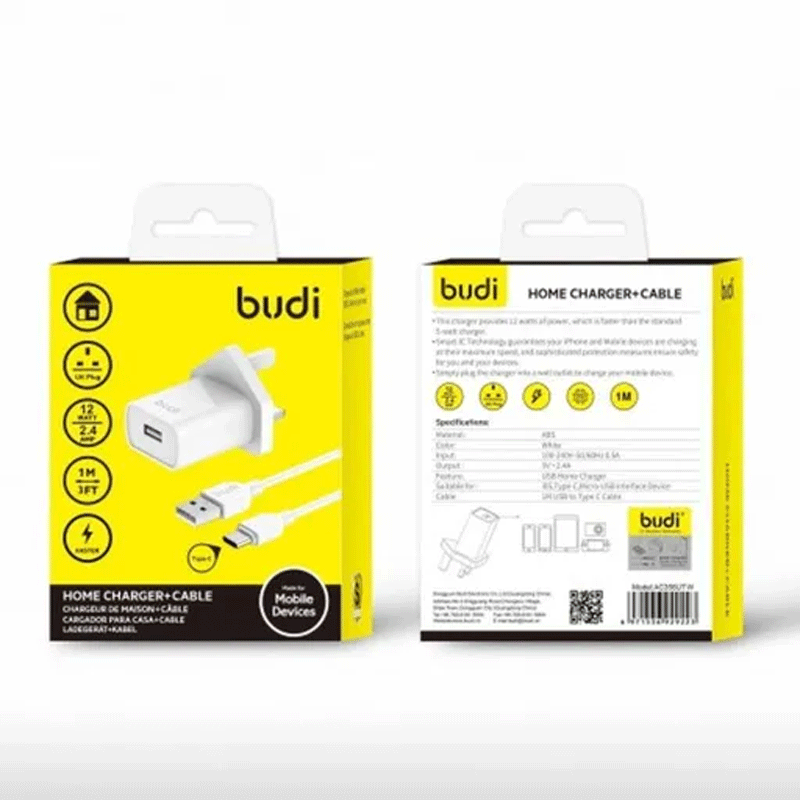 شارژر دیواری 12 وات بودی مدل Budi AC356UTW سه پین با یک خروجی USB به همراه کابل USB به USB-C طول 1 متر - سفید 1