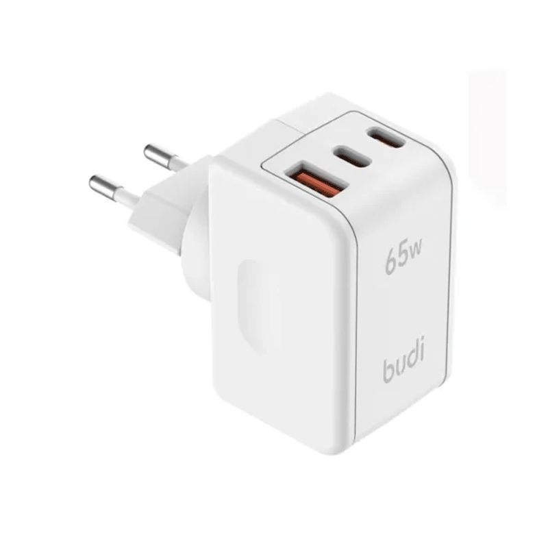 شارژر دیواری 65 وات بودی مدل Budi AC352EW با یک خروجی USB و دو خروجی USB-C و سری قابل چرخش - سفید